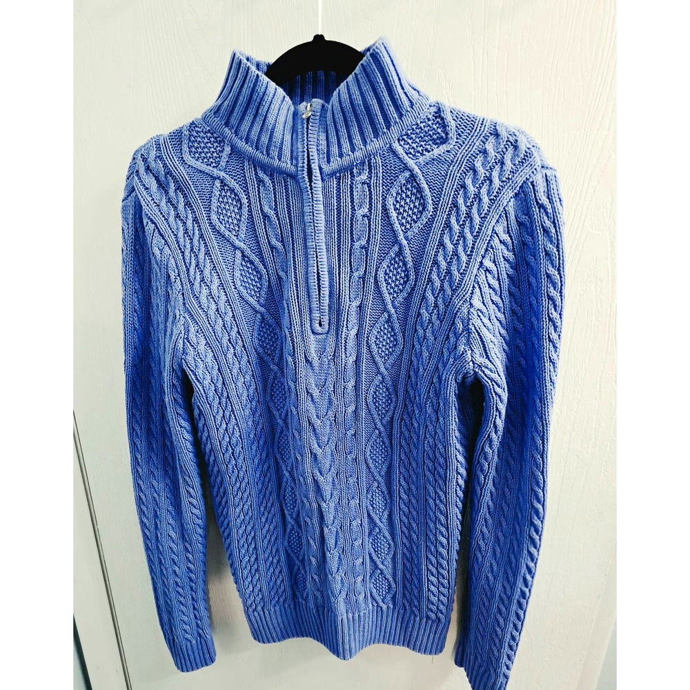 Croft & Barrow Womens Blue Cable Knit 1/4 Zip Mock Neck Cotton Sweater L